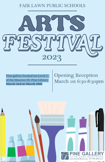 FLPS Arts Festival 2023 Invitation with various art supplies pictured on the bottom of the picture.