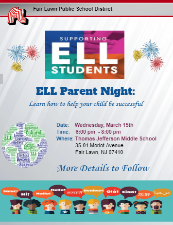 color flyer with details about ELL parent night