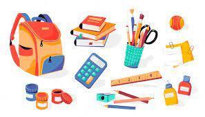 image of school supplies: backpack, calculator, pencils, glue, ruler, books