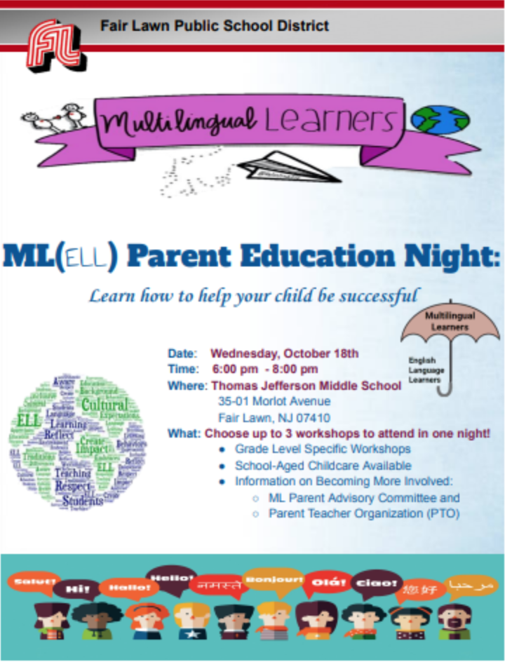Flier for ML (ELL Parent Education Night). Includes details about the event (below) and pictures of a globe and children speaking various languages.