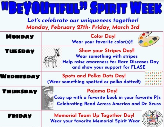 Spirit Week flyer - blue text for title says "BeYoutiful" Spirit Week