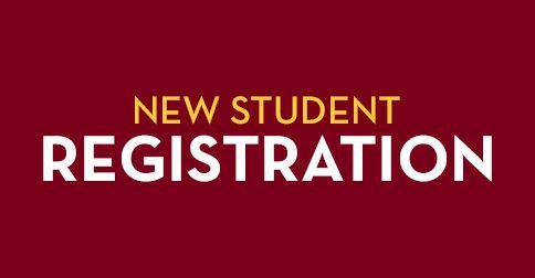 red background with yellow and white font reading new student registration
