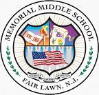 Memorial Middle School logo - shield divided into three sections including an American flag and academic regalia
