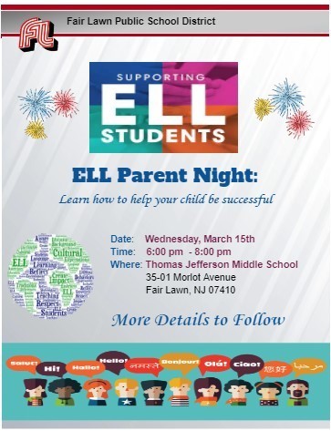 ELL Parent Night flyer - Fair Lawn logo at the top and clip art images of children on the bottom