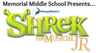 Green and yellow logo for Shrek the Musical Junior