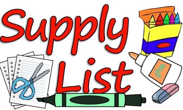 Red letters SUPPLY LIST with various art supplies around
