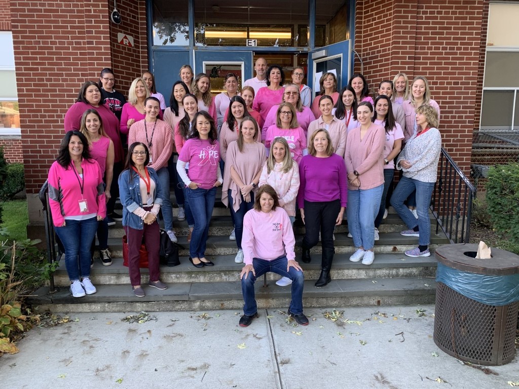Teachers and staff standing on school stairs wearing various shades of pink