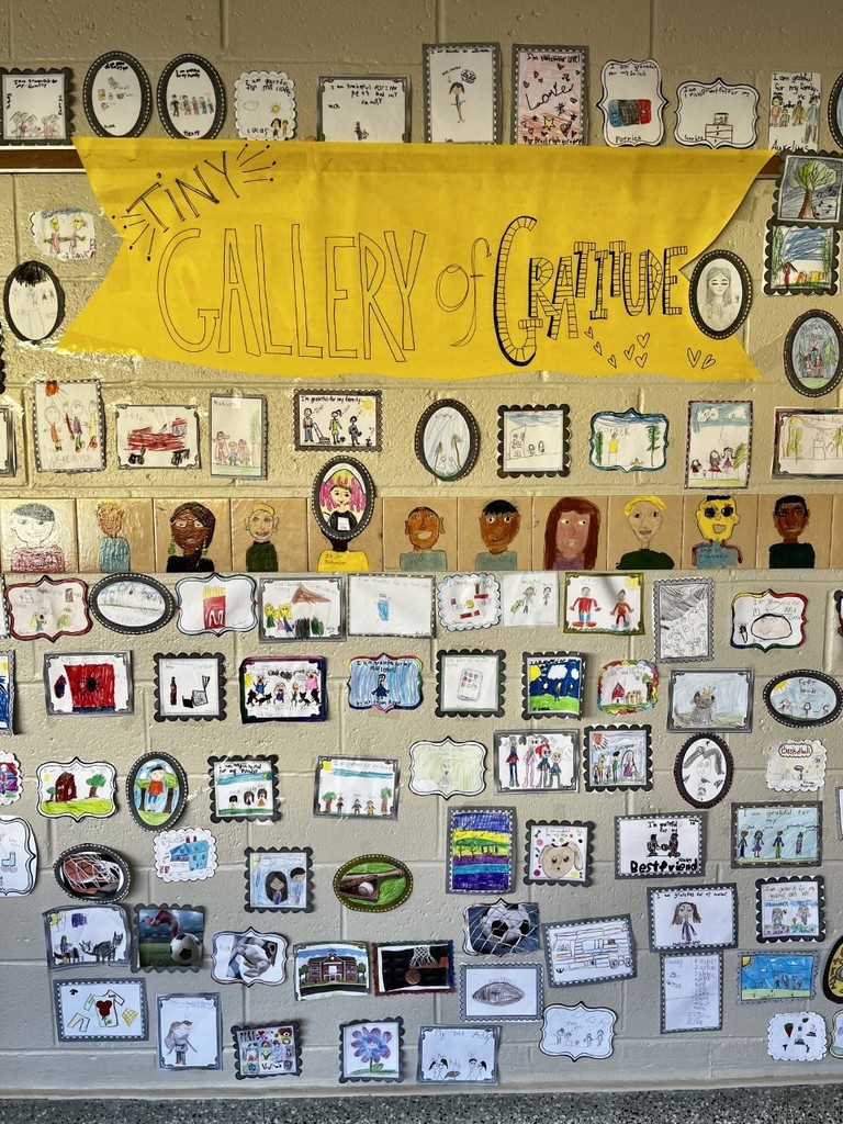A yellow 'Tiny Gallery of Gratitude' banner surrounded by student illustrations of things they are grateful for.