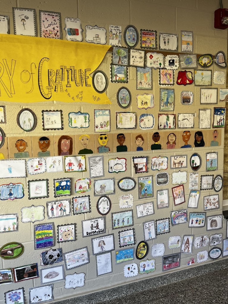 A yellow 'Tiny Gallery of Gratitude' banner surrounded by student illustrations of things they are grateful for.