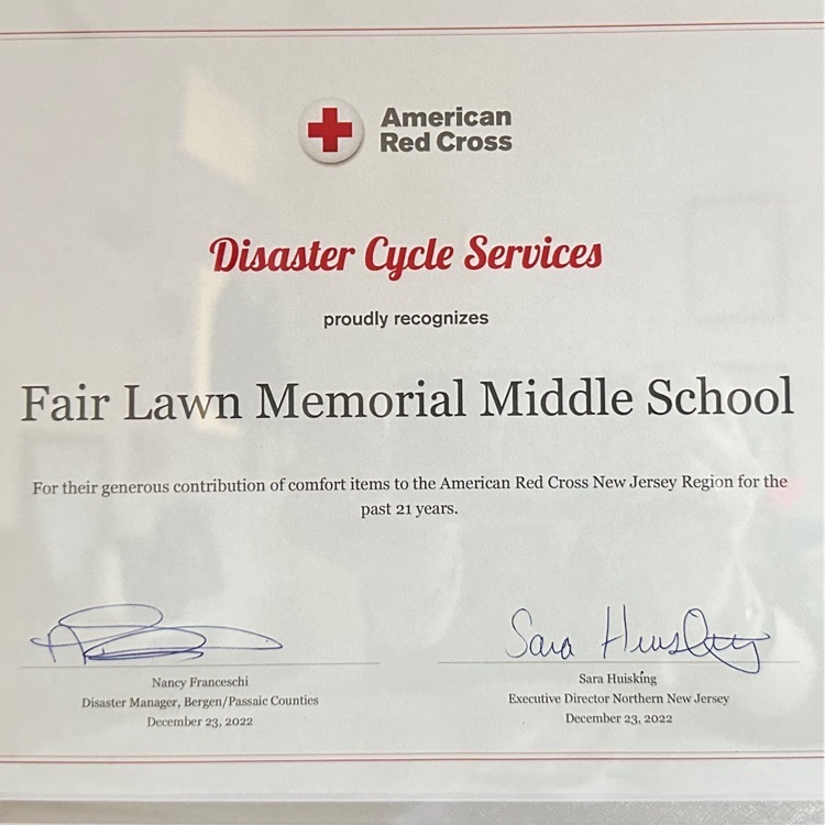 Recognition plaque from the American Red Cross to Memorial Middle School for its 21 years of generous contribution of comfort items, which go directly to individuals impacted by disasters. 
